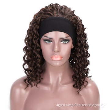 Vigorous Synthetic Curly Headband wigs 3/4 half wig Short Brown Color Hair Wigs with Headband for Black Women